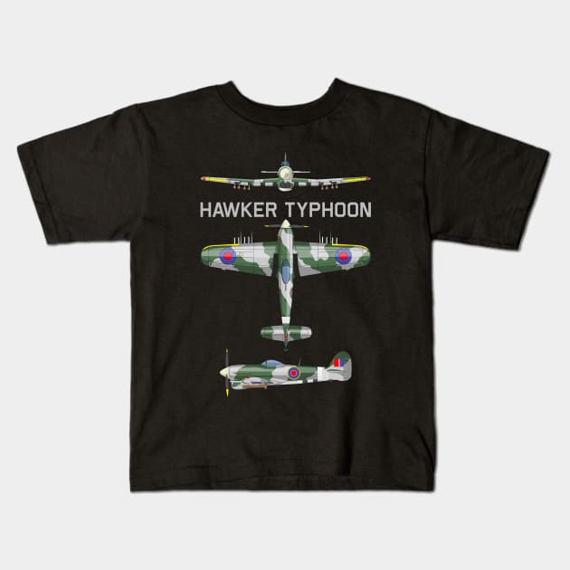 Hawker Typhoon British WW2 Fighter Bomber Plane Diagram Kids T-Shirt by Battlefields